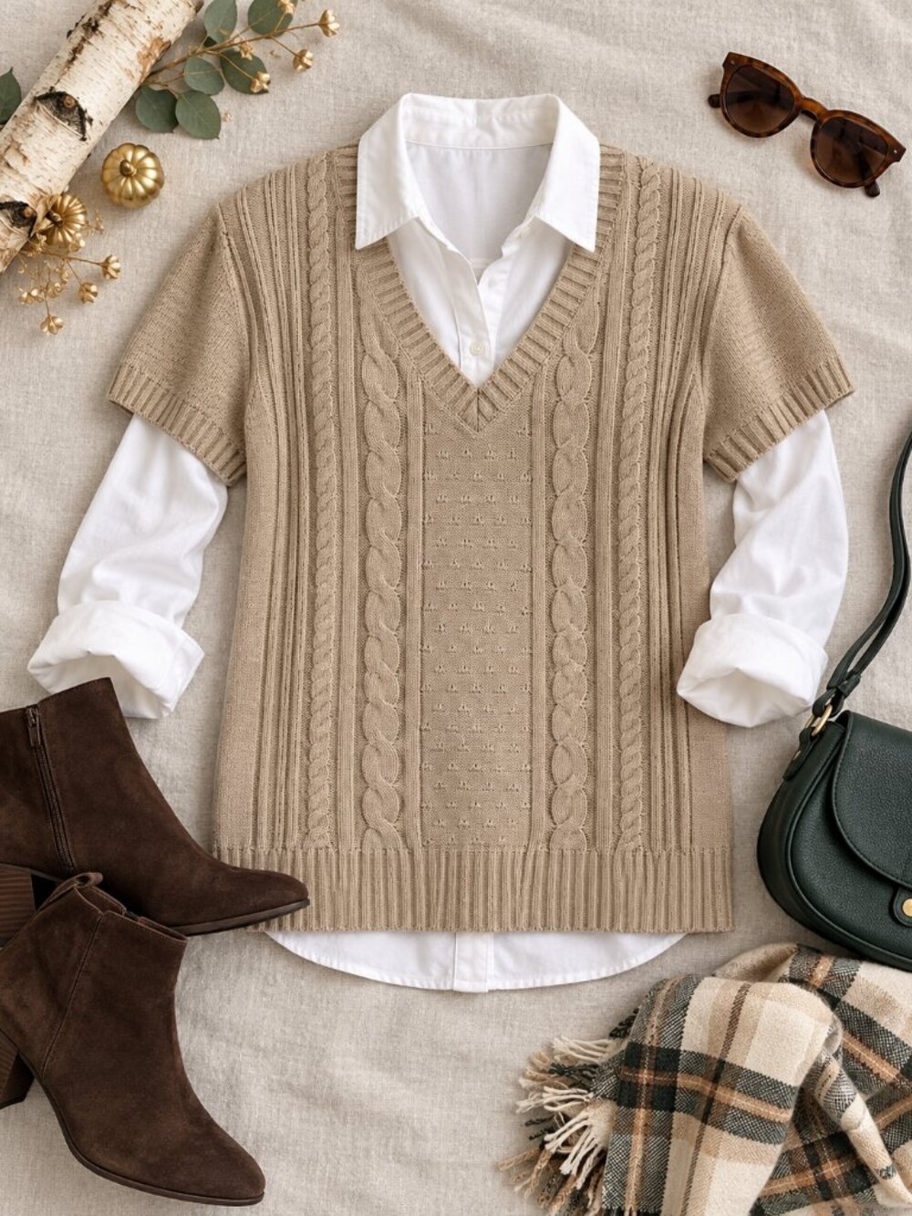 Mountain Lake sweater short sleeves beige  SZ L cable knit V neck
